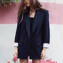 跨境欧美女装休闲高级感百搭修身显瘦亚麻混纺卷袖拼色西装外套