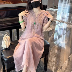 新中国風国風刺繍ラミー麻ワンピース女性2025夏の新型気質ゆるいカジュアル亜麻ロングスカート