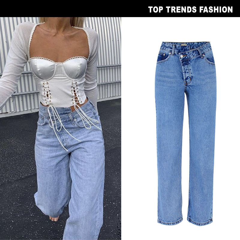 European and American Style Women's High-Waisted Loose Straight-Leg Flared Jeans with Irregular Hem, Street Style