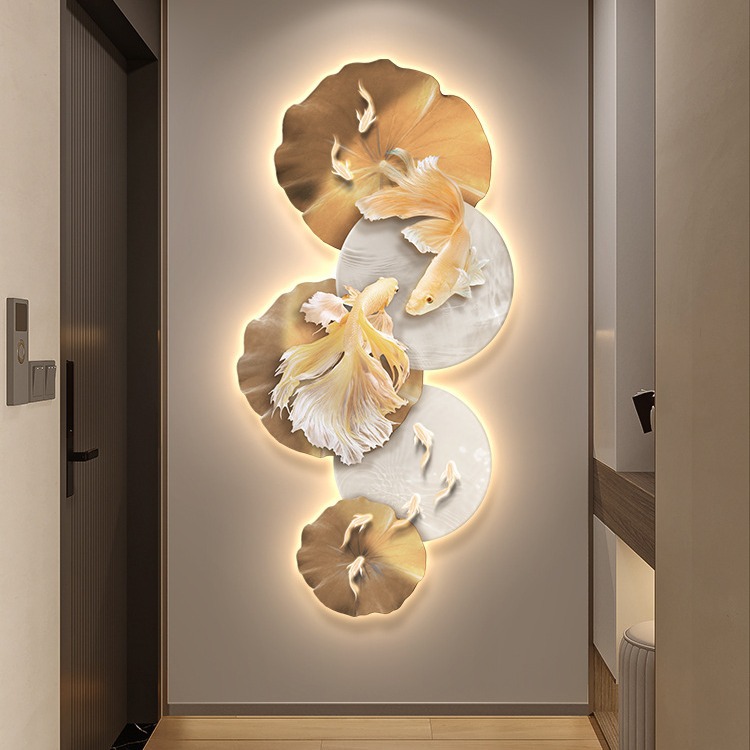 Pintura decorativa de entrada de nueve peces de alta sensación en la puerta de entrada, pinturas colgadas en el pasillo, pinturas de lámpara LED al final del pasillo