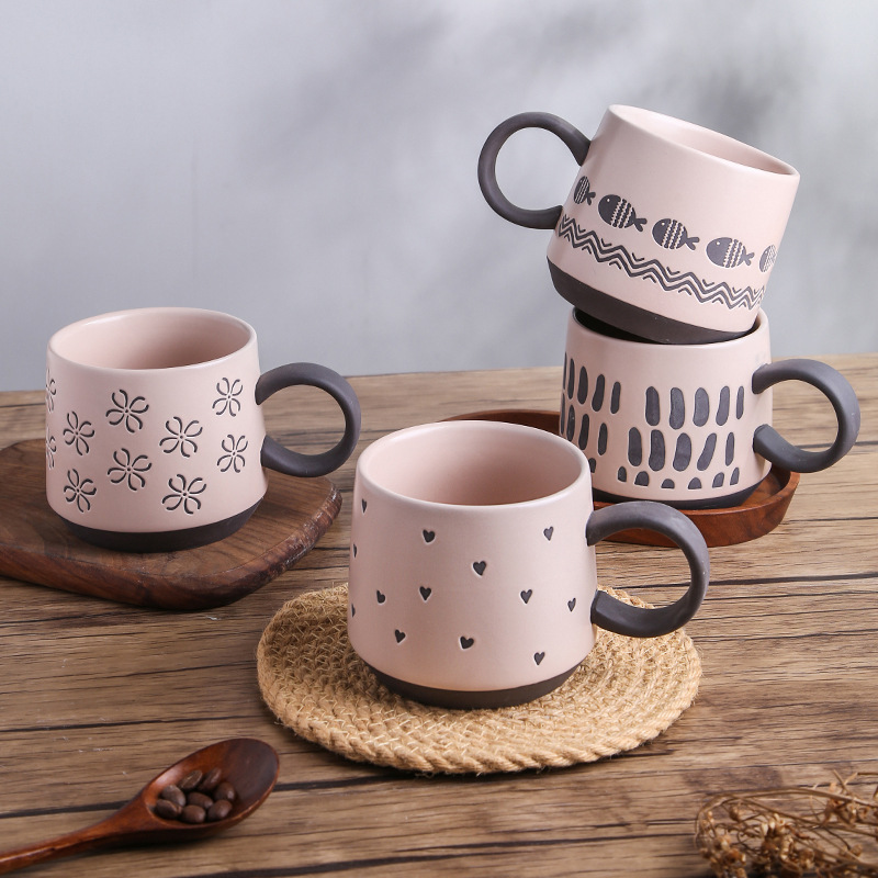 Underglaze Color Mug Set Cute Stoneware Pattern Cup Wholesale Creative Couple Ceramic Cup Breakfast Cup Large Size