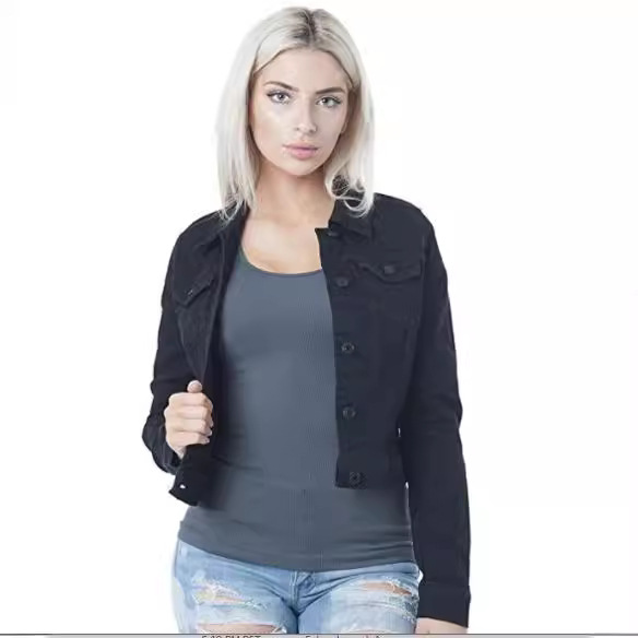 Abbigliamento donna giacca di jeans blu con risvolto tinta unita monopetto street fashionista_voghion.com
