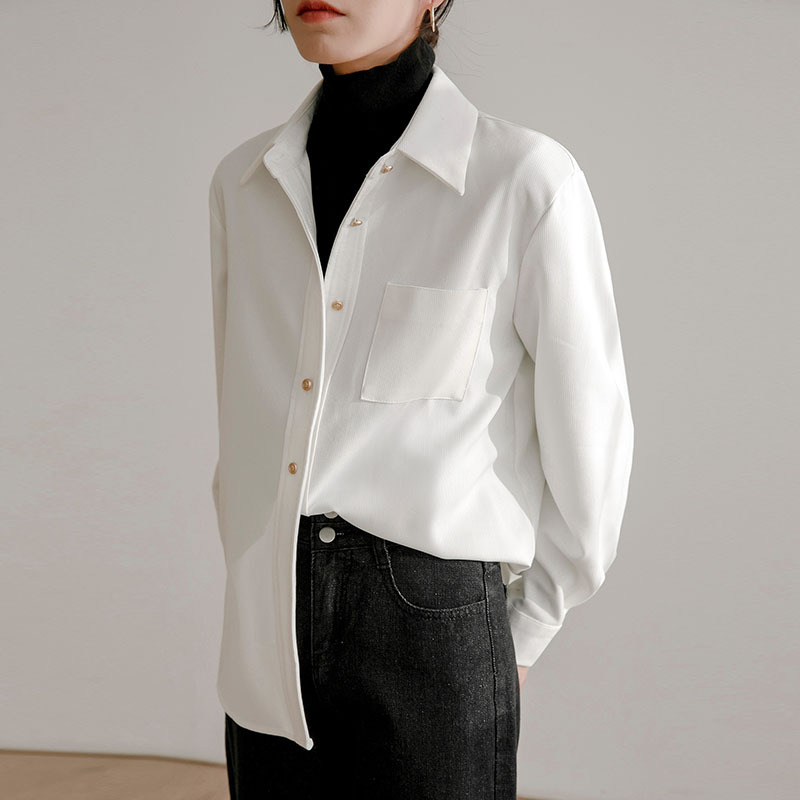 French style white shirt coat women's autumn and winter loose stacked thickened top corduroy twill brushed inner shirt