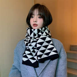 秋冬新款针织毛线围巾简约三角形图案小清新加厚保暖围脖时尚百搭
