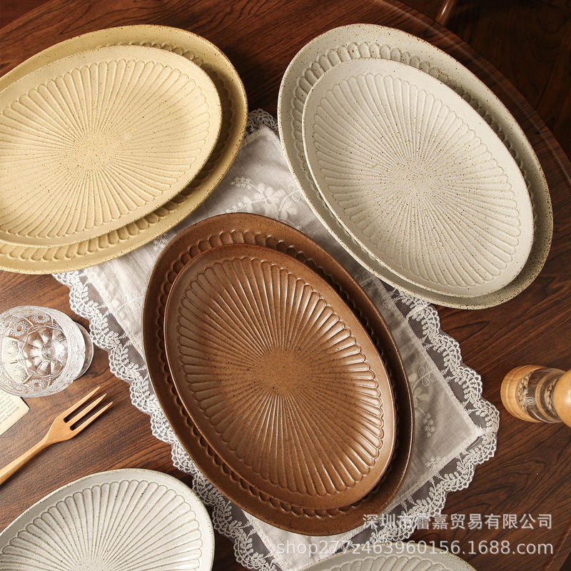 Japanese-Style Rustic Ceramic Fish Plate with Underglaze Color, Oval-Shaped Western-Style Plate, Restaurant Steak Plate, Striped Retro Flat Plate, Dinner Plate Japanese-Style Rustic Ceramic Fish Plate with Underglaze Color, Oval-Shaped Western-Style Plate, Restaurant Steak Plate, Striped Retro Flat Plate, Dinner Plate