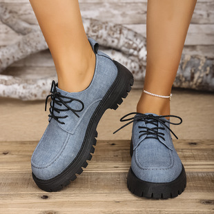Foreign Trade plus size Thick-soled Loafers Women's Spring and Autumn New Thick Heel Lace-up Fashionable All-match Comfortable British-style Small Leather Shoes