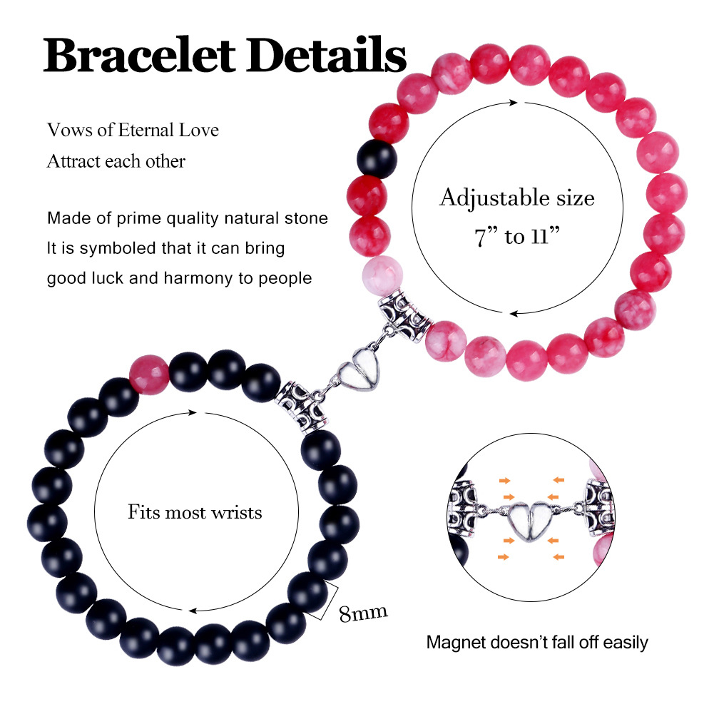 19g Weight Bracelets Classification 2 Pieces Quantity Holiday, Daily Occasion Natural Stone Alloy Magnet Material Heart Shape Pattern Unisex Gender Beaded, Knitting Design Simple Style, Classic Style Style Simple Style Classic Style Heart Shape Natural Stone Alloy Magnet Bracelets In Bulk 4