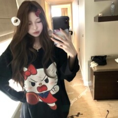 雪花棉黑色长袖圆领套头印花猫猫T恤女宽松百搭上衣磨毛莫代尔
