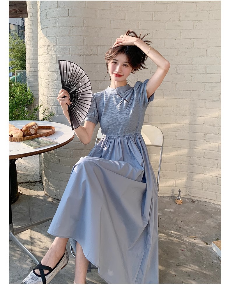 Blue Chinese Style For Women, Summer 2025 New Model, Improved Cheongsam, Elegant And Slimming Long A-line Dress_ecoleips.com