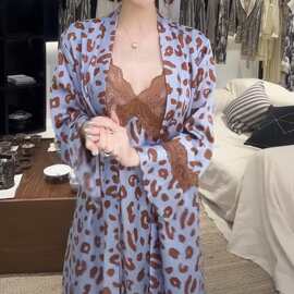 2025新款早秋时尚豹纹性感长袖吊带睡裙睡袍女家居服二件套可外穿