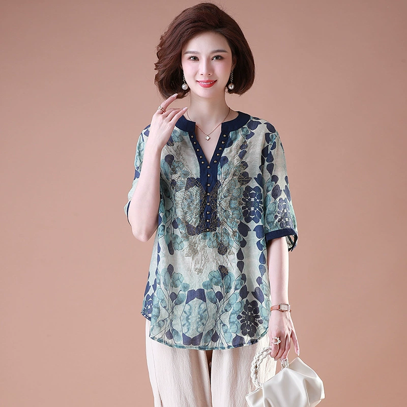 Летний комплект из двух предметов для мамы, западный стиль 2025, новая мода для женщин среднего возраста, повседневный костюм Baota с эффектом стройности, короткий рукав