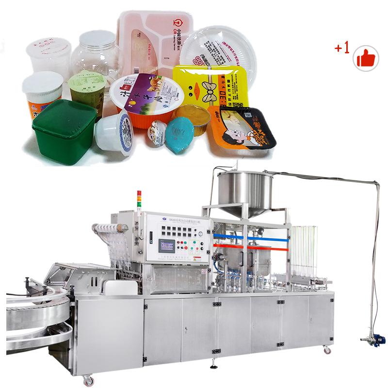 全自动一出四PP塑料盒装内酯豆腐封盒包装机鸭血盒连续灌装封口机