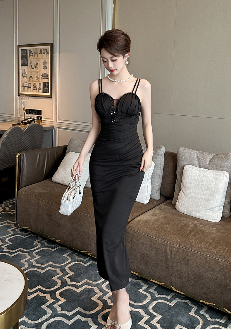 Váy dây rút eo ôm sát hông dáng dài — Màu đen chi tiết 7