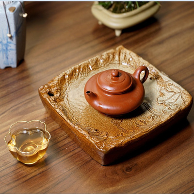 新品方形日式干泡盘壶托粗陶茶具养壶壶承田园风茶托功夫茶具零配|ms