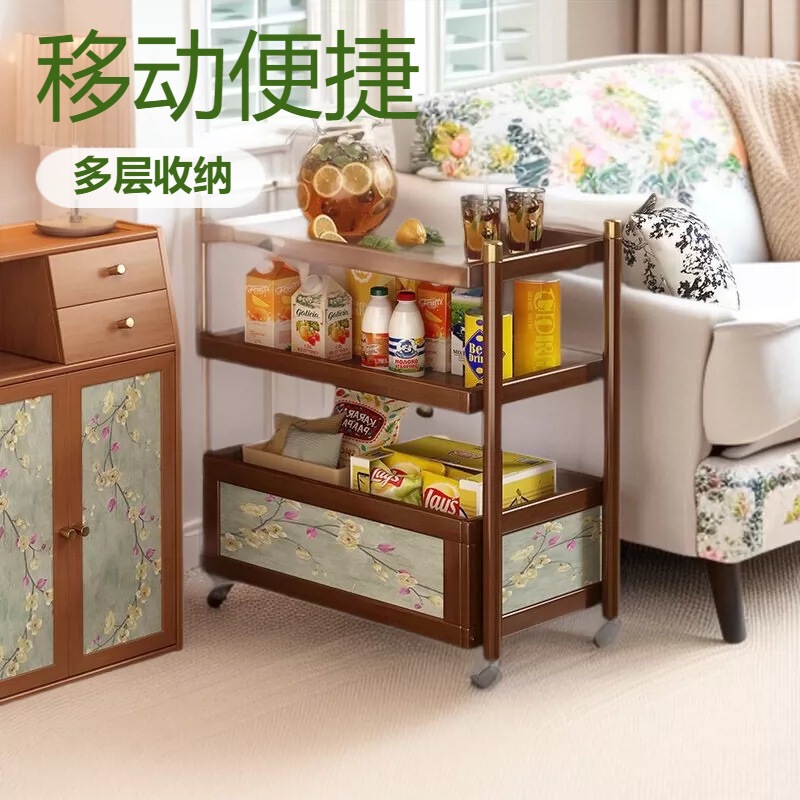 Retro Trolley Coffee Table, Movable Storage Rack, Living Room Sofa Side Table, Side Cabinet, Multi-Layer Snack Storage Rack