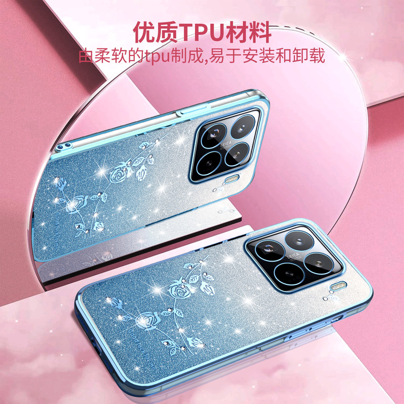 Xiaomi 15T、月季の花柄スマホケース、Redmi K80、ラインストーンメッキ、turbo4、グリッター保護ケース、Redmi A5に適用|undefined