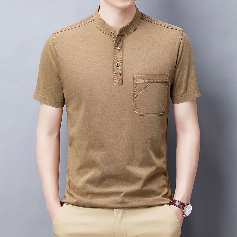 Summer Short-Sleeve Men's T-Shirt with Henry Collar, Real Pockets, Washed Vintage Casual Solid Color Dad Style Summer Short-Sleeve Men's T-Shirt with Henry Collar, Real Pockets, Washed Vintage Casual Solid Color Dad Style