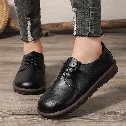 Women's New Retro Soft Sole Bean Sneakers Slip-On Ankle Boots Autumn Small Leather Shoes with Laces Flat Shoes for Plus Size