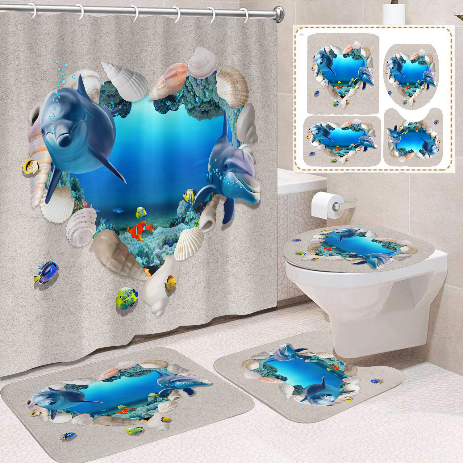 Cortina de ducha transfronteriza con diseño de delfines azules, estampada digitalmente, de poliéster, sin perforaciones, para baño, decoración del hogar image 29