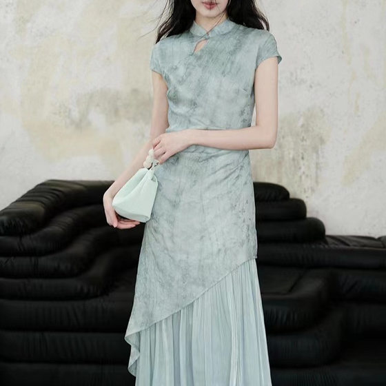 New Chinese Style National Style Dye dress Summer New Waist Slimming Fashionable Elegant Cheongsam Long Skirt