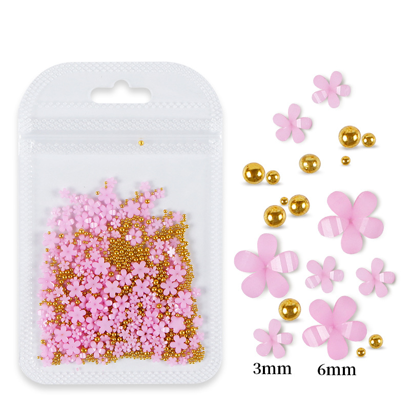 200 arte de uñas de cinco pétalos flor bolso de la joyería blanca de la flor de acrílico rosa con oro y plata perlas flor de la resina