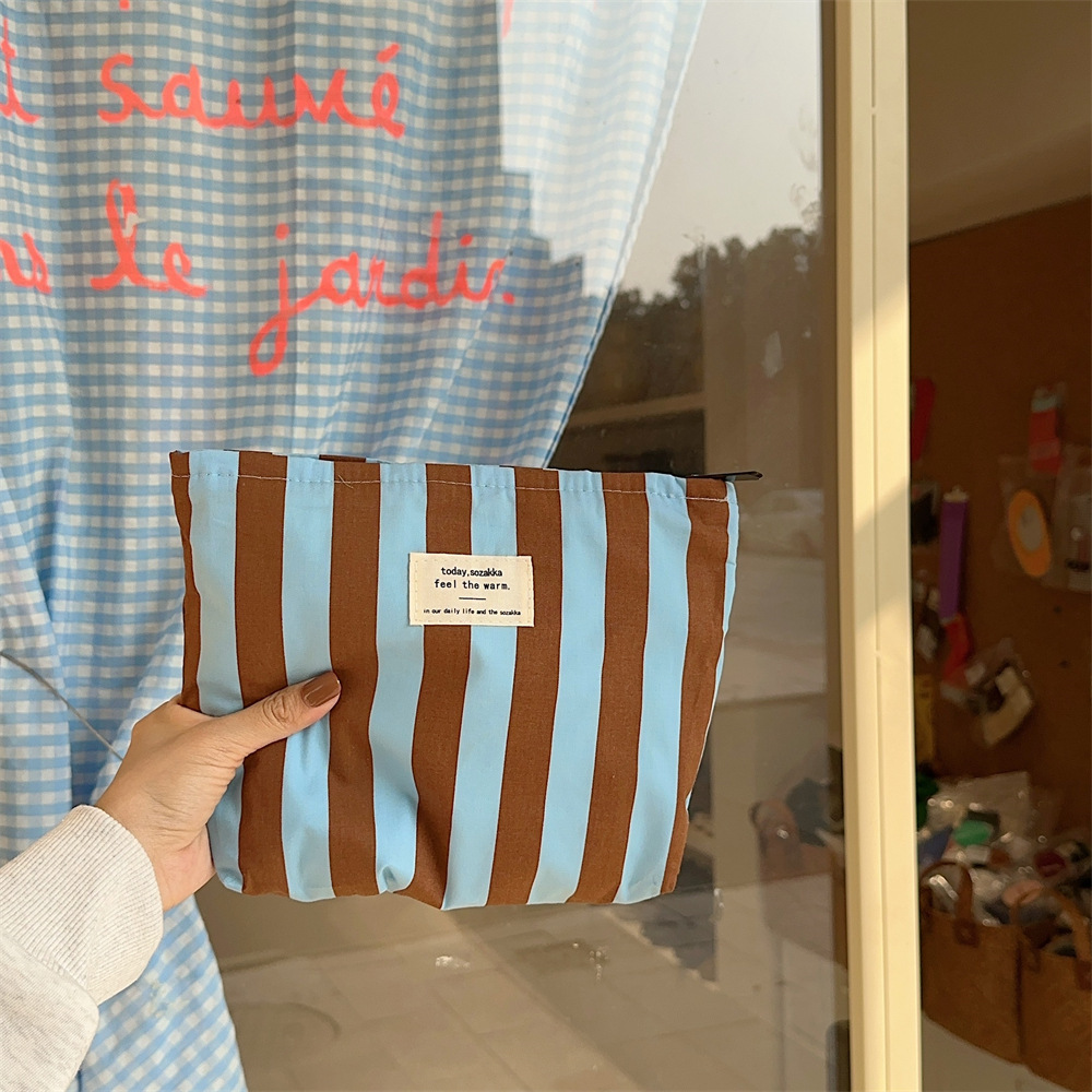 310175 bolsas de maquillaje de rayas de empalme con cremallera de lona de viaje paquetes de maquillaje de gran capacidad bolsa de almacenamiento para mujeres