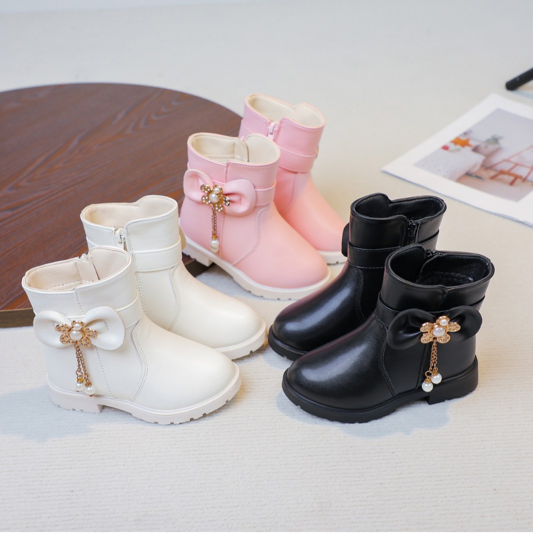 儿童马丁靴2025秋季新款珍珠蝴蝶结女童靴子中大童时尚中筒公主鞋