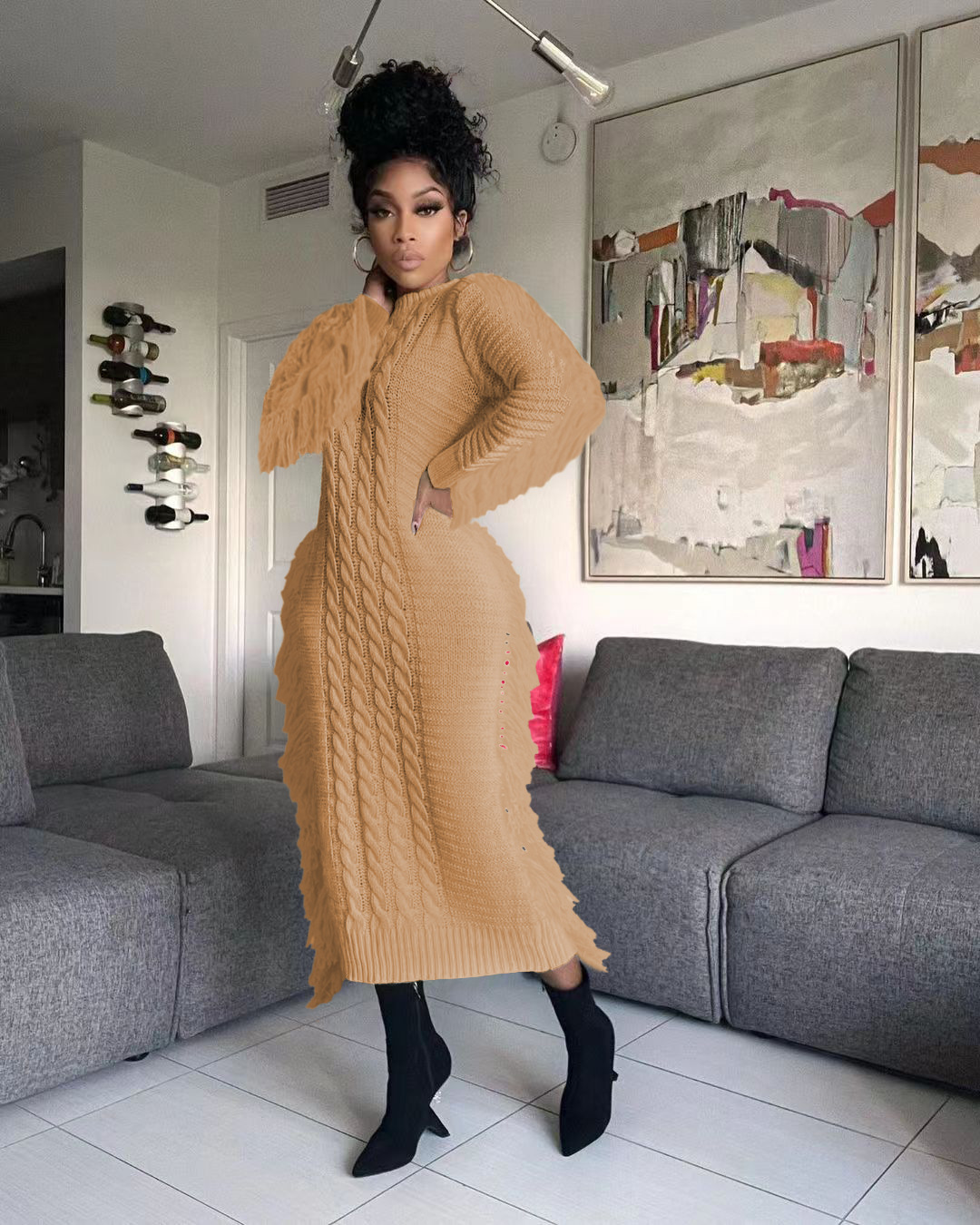Robe pull femme avec franges longues en maille pour l'hiver_voghion.com