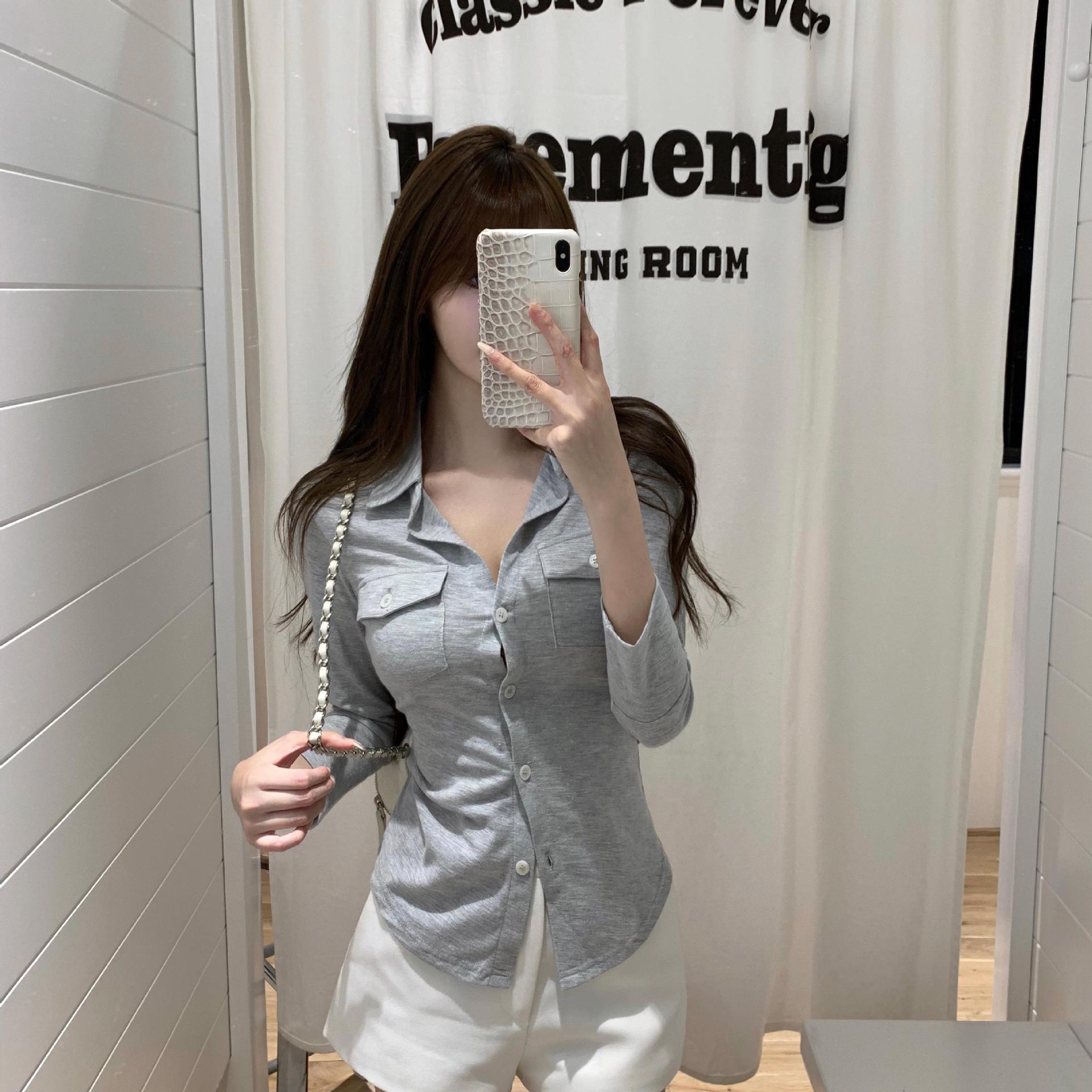 気質純欲風セクシー襟長袖シャツ女子学生春秋修身ウエストシャツ白いカーディガン上着