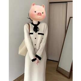 感小香风套装裙女秋冬新款温柔撞色蝴蝶结软糯毛衣半裙两件套