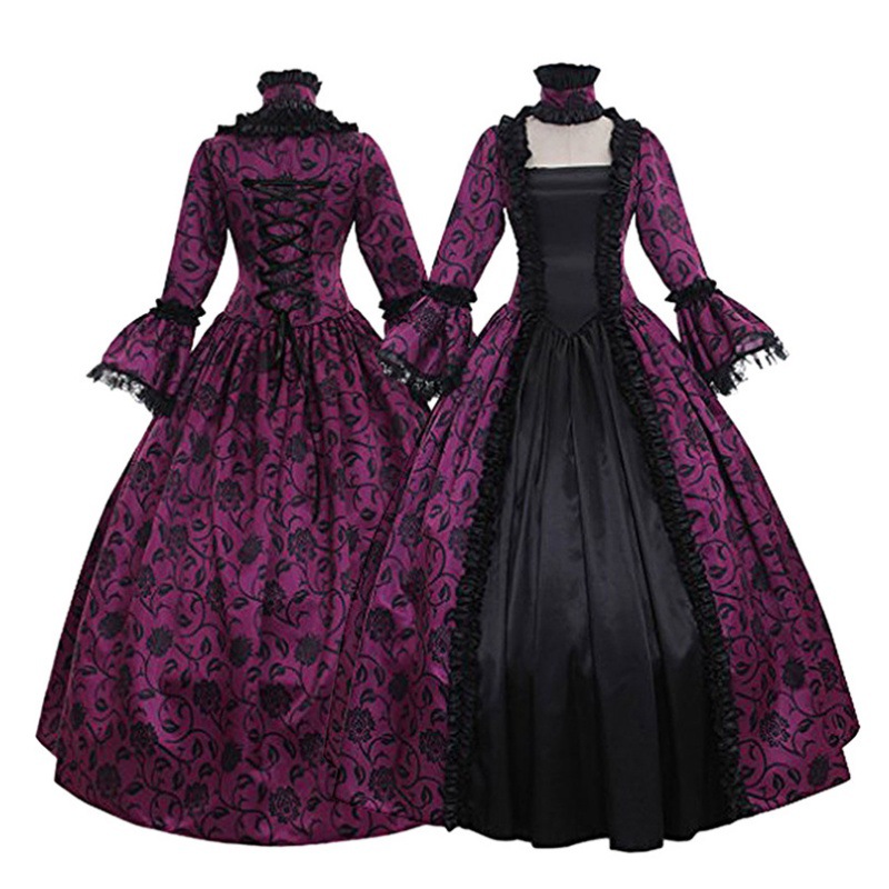 復古中世紀維多利亞宮廷禮服蕾絲喇叭袖大擺裙女王裝舞台表演服女