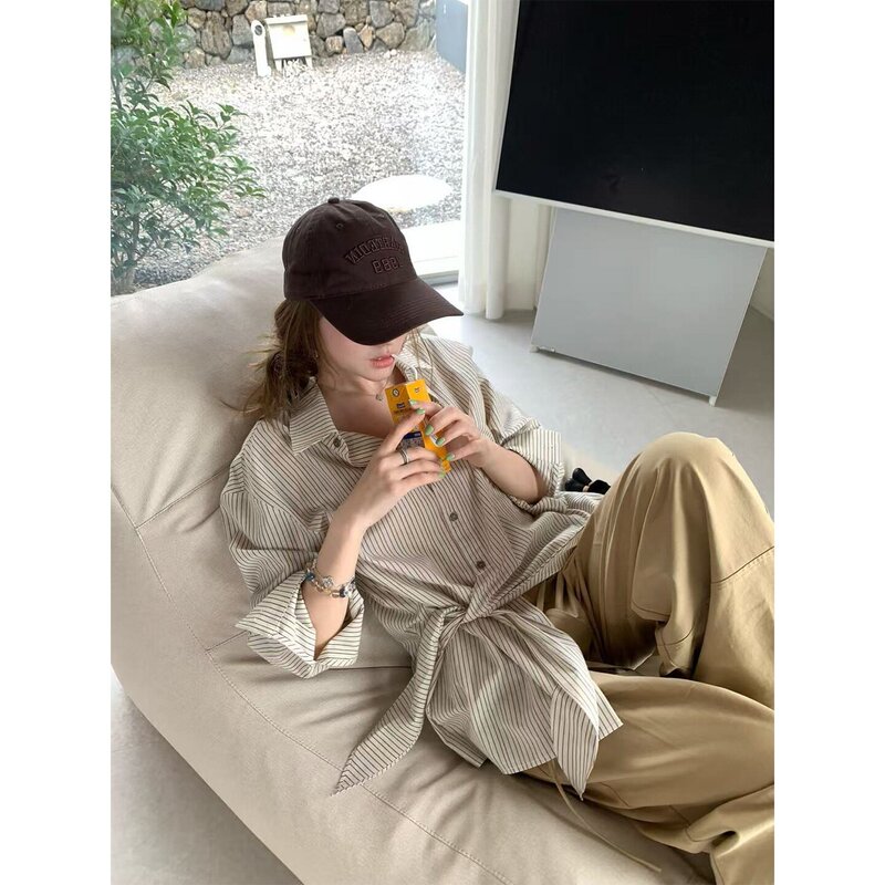 Im to South Korean Art Students' Versatile Design Asymmetrical Long-Sleeved Tops Women's Loose Placket Strap Shirt