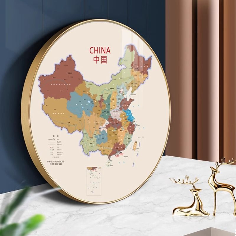 中国地图装饰画圆形玄关客厅挂图走廊过道墙壁画办公室挂画
