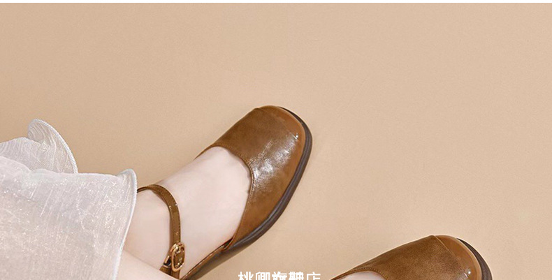 Dép sandal nữ da thật mũi vuông retro quai ngang đế xuồng — Màu nâu chi tiết 26