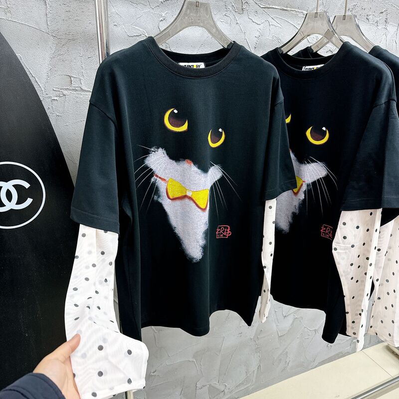 Buyers Wholesale Cartoon Cat Printed T-Shirt Nanyou Niche Designer Spliced Polka Dot Mesh Sleeve Top