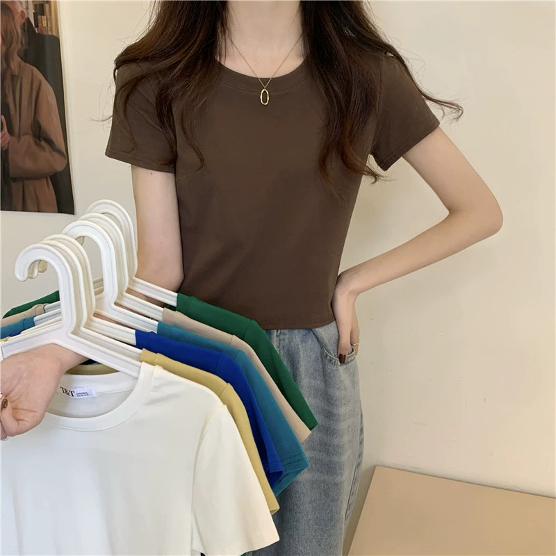 YS8 реальная цена весна и лето новая корейская стильная однотонная универсальная футболка с круглым вырезом и короткими рукавами, топ