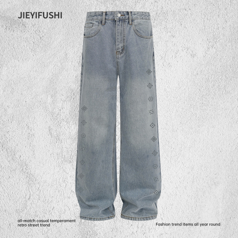American-Style Geometric Print Denim Trousers for Men, Loose Design, Washed and Distressed Wide-Leg Straight Pants