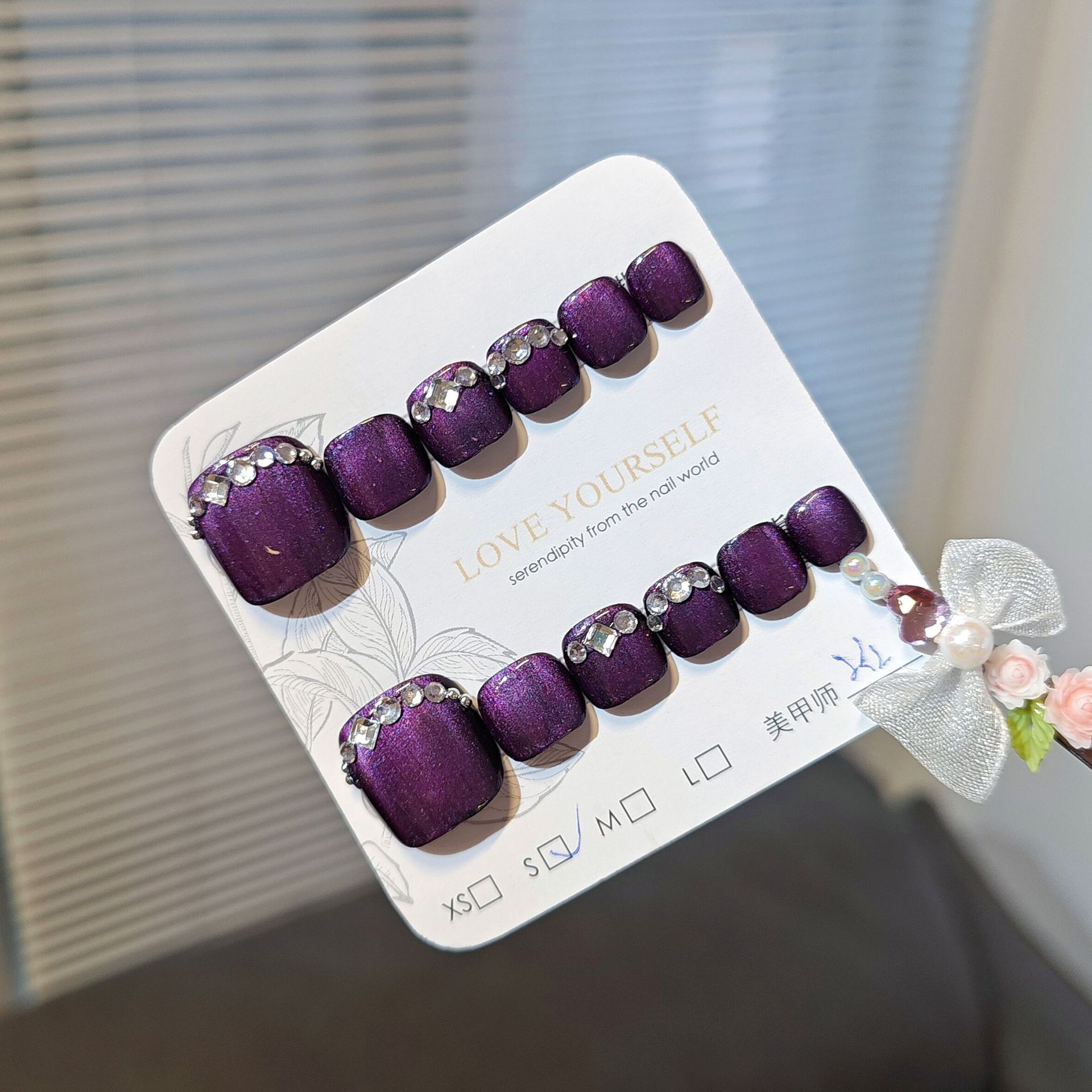 12 piezas de uñas de pie de ojo de gato moradas hechas a mano, uñas de los pies terminadas, uñas de los pies, uñas de sentido avanzado, parches de uñas