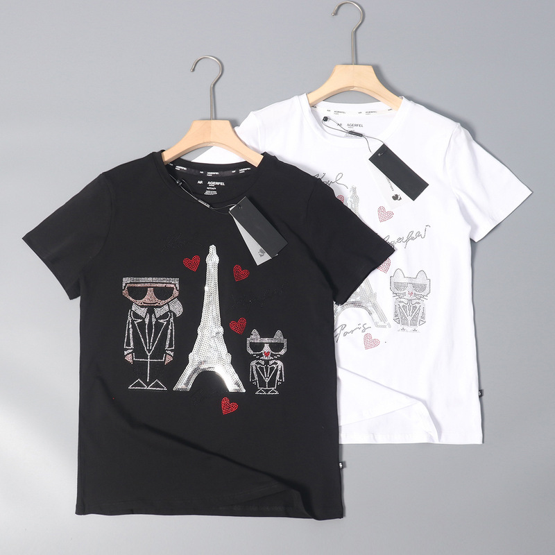 New American K 2025 New Women Fashion Trend Hot Drilling Sequin Tower Love Short-sleeved T-shirt