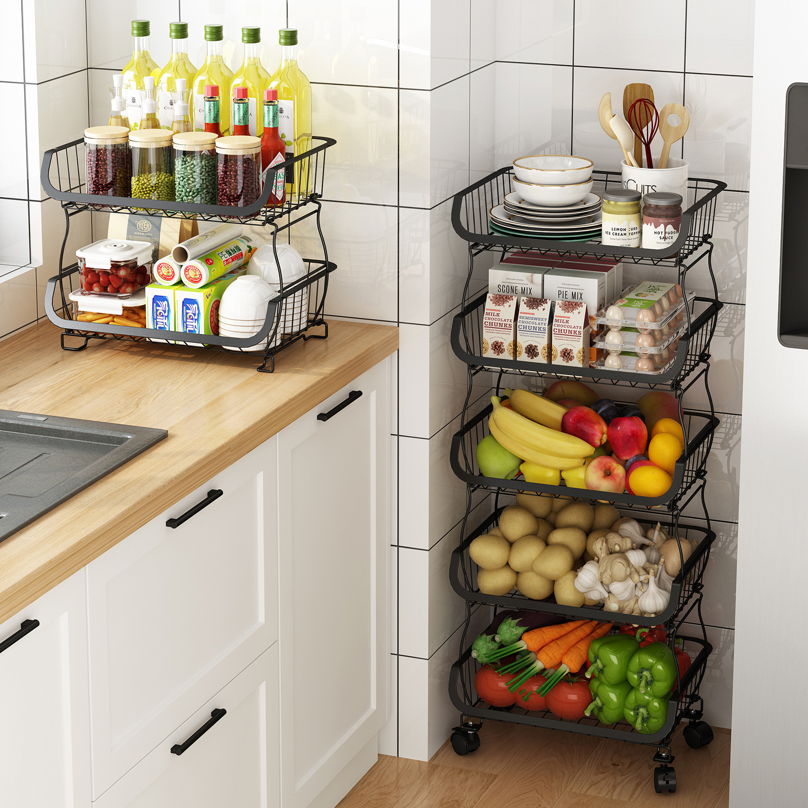 Cocina estante de almacenamiento de verduras y frutas estante de almacenamiento de carro de piso hogar móvil apilable cesta de almacenamiento de artículos diversos de verduras y frutas