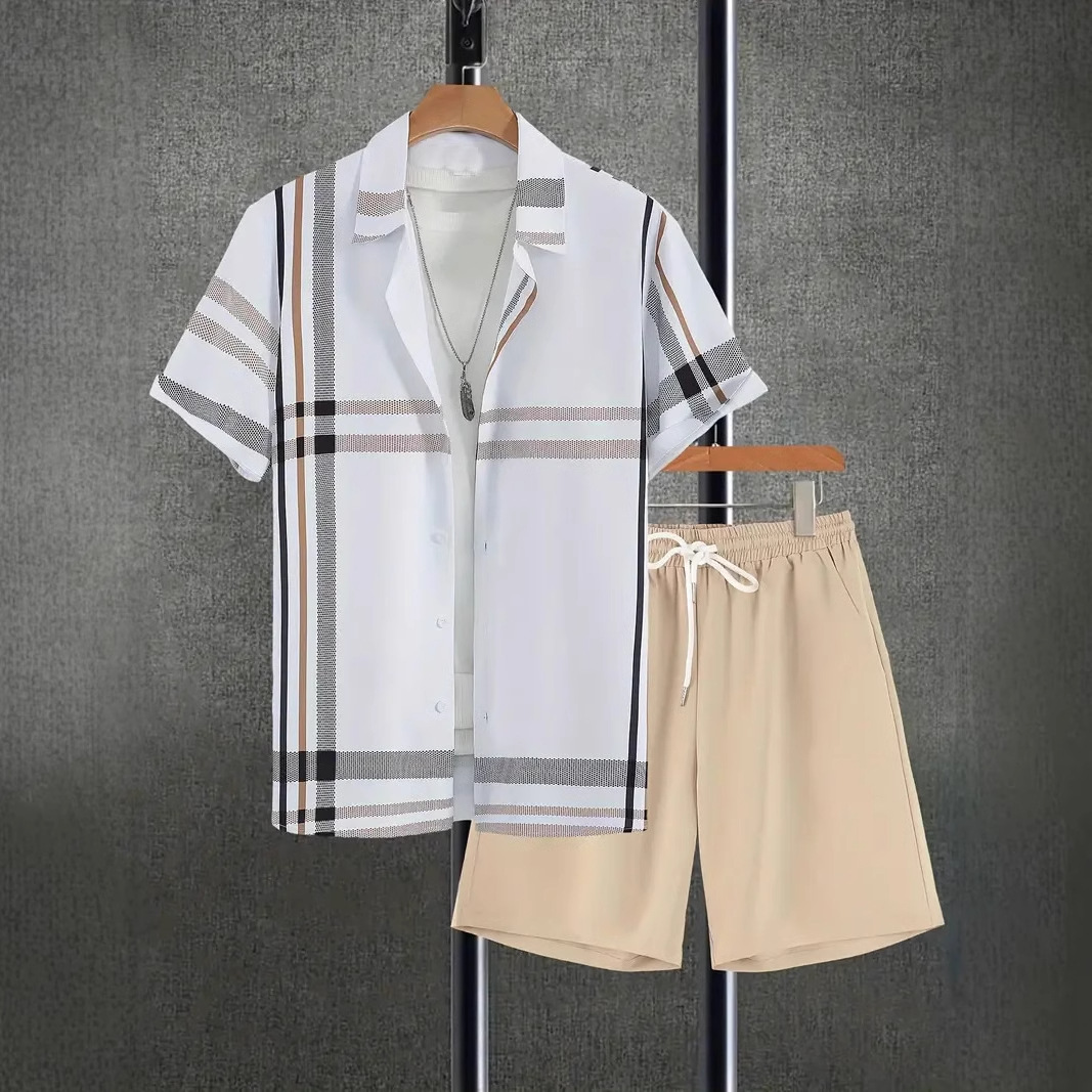 Transfronterizo 2024 nuevo estilo Amazon moda europea y americana casual todo fósforo manga corta cuello cubano pantalones cortos traje MB05 MA1