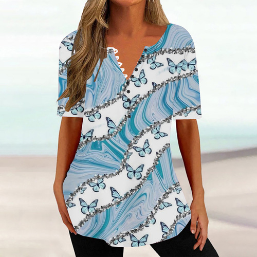 Direct selling of new European and American summer women's 3D printed V-neck button-down short-sleeve top