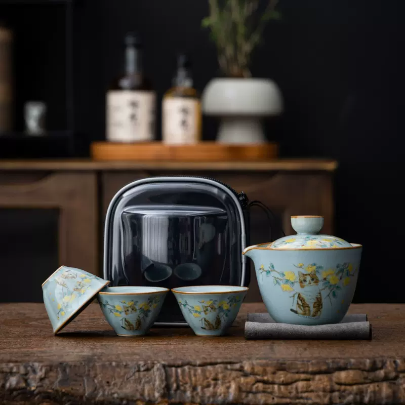 天青汝窑便携式旅行茶具套装快客杯一壶三杯户外泡茶壶茶杯印logo