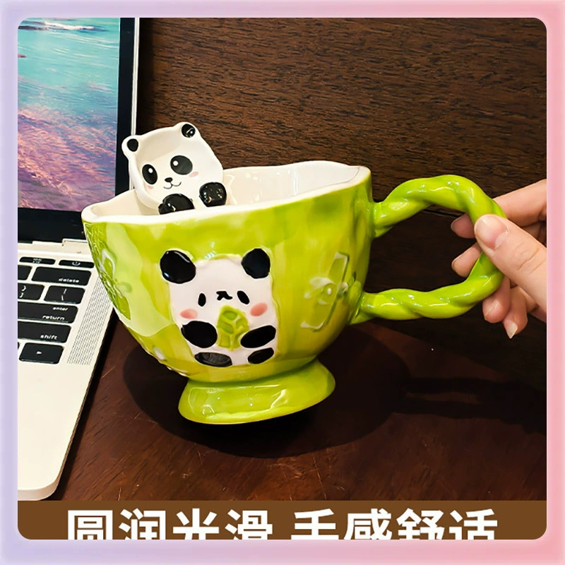 Hand-drawn relief ceramic cup, 400 ml, cute breakfast mug with spoon option