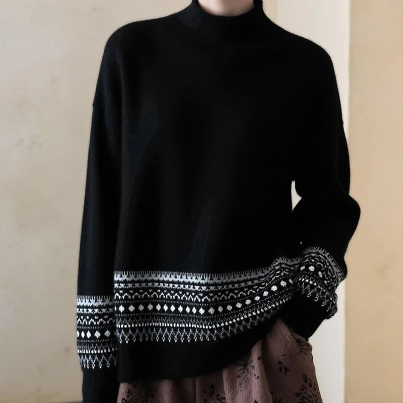 Gan Fair Isle style half-turtleneck long-sleeve knit sweater for women, autumn new trendy loose-fit warm soft wool sweater Gan Fair Isle style half-turtleneck long-sleeve knit sweater for women, autumn new trendy loose-fit warm soft wool sweater