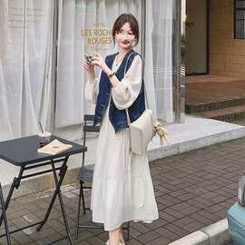 长袖牛仔马甲连衣裙套装女2025新款早秋季韩系穿搭减龄裙子两件套
