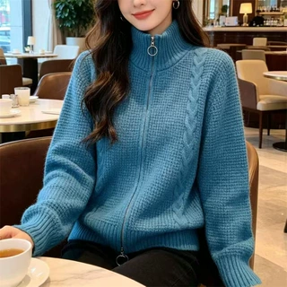 2026新款韩版休闲短款针织开衫女宽松休闲毛衣外套双拉链立领上衣