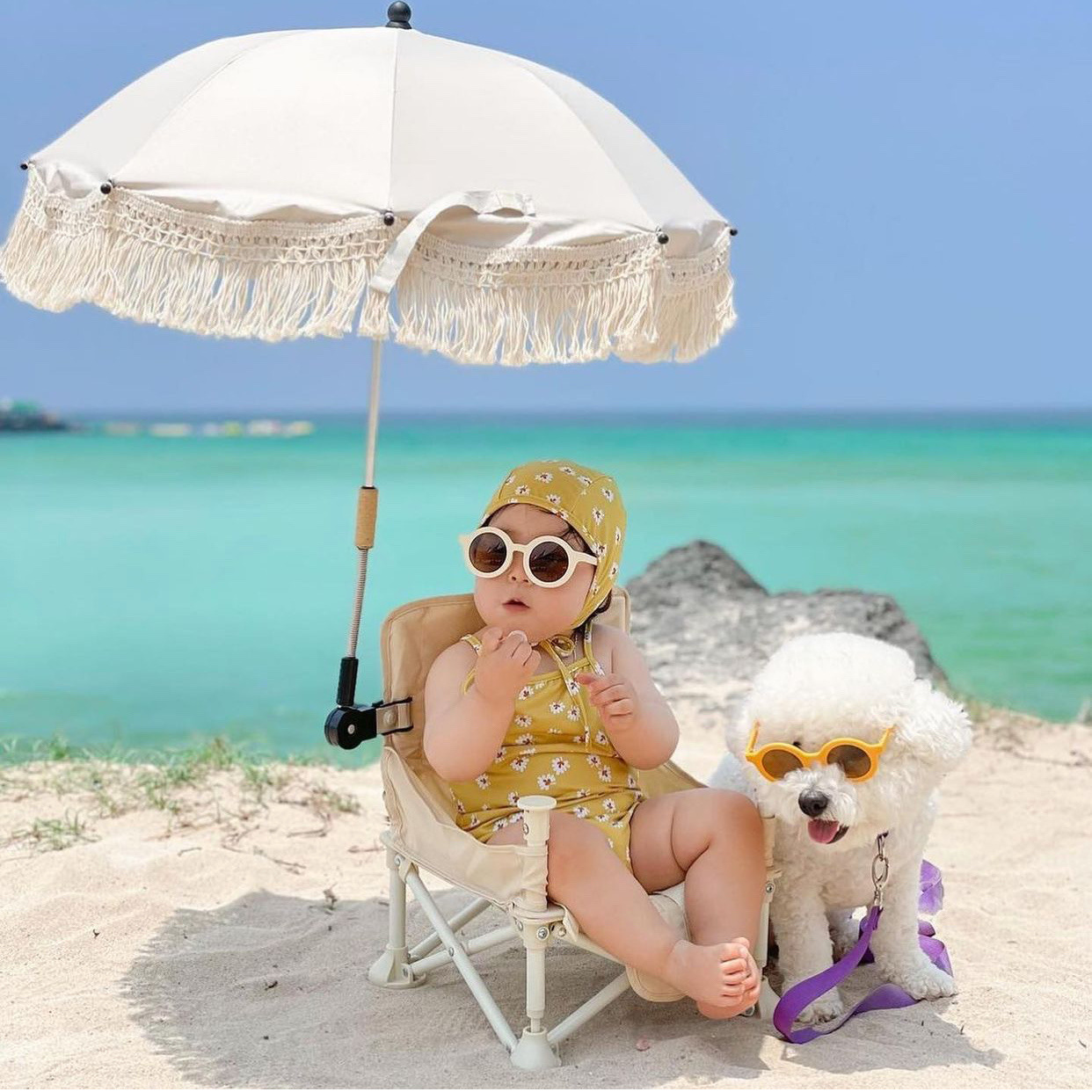 INS爆款蕾丝波西米亚儿童户外推车遮阳伞婴儿沙滩防晒防紫外线伞