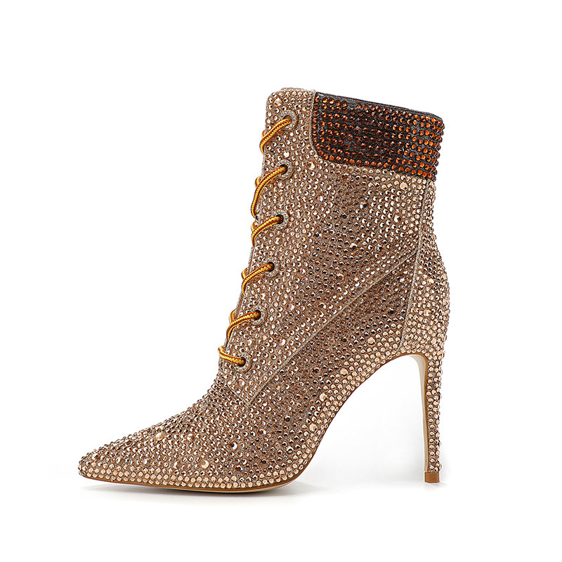 Foreign Trade Fashion Women's Stiletto Heel Ankle Boots, Champagne-Colored Rhinestone-Embellished Ankle Boots, Purely Handmade High-End Elegant Women's Ankle Boots