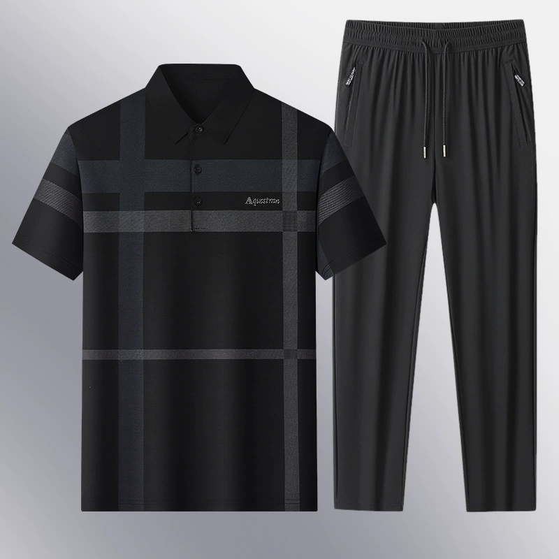 Костюмы для среднего и пожилого возраста, быстросохнущие рубашки-поло с лацканами для папы, брюки с короткими рукавами, летние повседневные костюмы из ледяного шелка из двух частей.